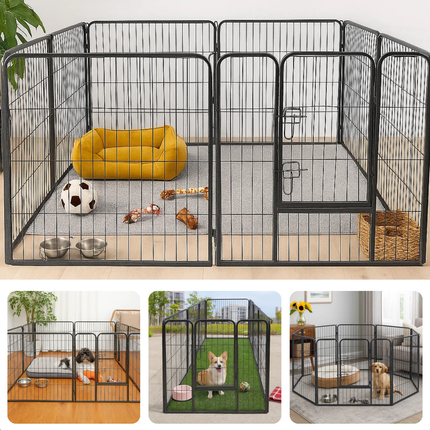 Cheqo® Opvouwbare Hondenren Zwart – Puppyren 80 cm Hoog – 8 Panelen met Deur – Metalen Hondenkennel – Binnen- en Buiten Gebruik – Weersbestendig – Verstelbare Kattenren – Compact Opbergen – Zonder Gereedschap