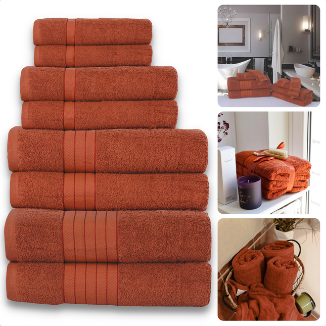 Cheqo® Handdoeken Set - Set van 8 Stuks - Terracotta/Bruin - Verschillende Maten - 100% Katoen - 500 gr/m2 - Handdoek - Hotel Kwaliteit - Handdoek Badkamer - Zware Kwaliteit - Luxe Uitvoering - Extra Zacht & Stevig - Handdoekenset - Badhanddoeken Handdoeken