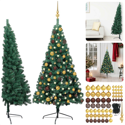 Cheqo® Kerstboom - Kunstkerstboom 150 cm - Halve Boom met LED Verlichting - Inclusief Kerstballen - PVC Groen