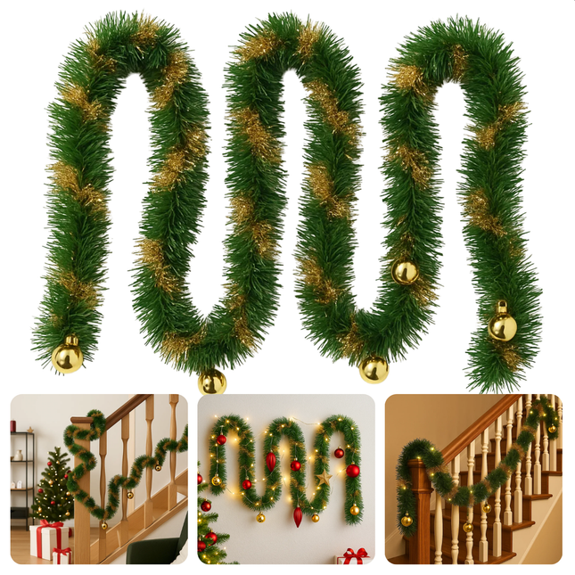 Cheqo® Kerstslinger 270 CM - Guirlande - Kerstdecoratie Groen Goud - Goudkleurige Decoratie - Kerstversiering - Groene Decoratie - Gouden Accenten - Feestelijke Decoratie - Winterdecoratie - Kerst Slinger - Kerstversiering Groen