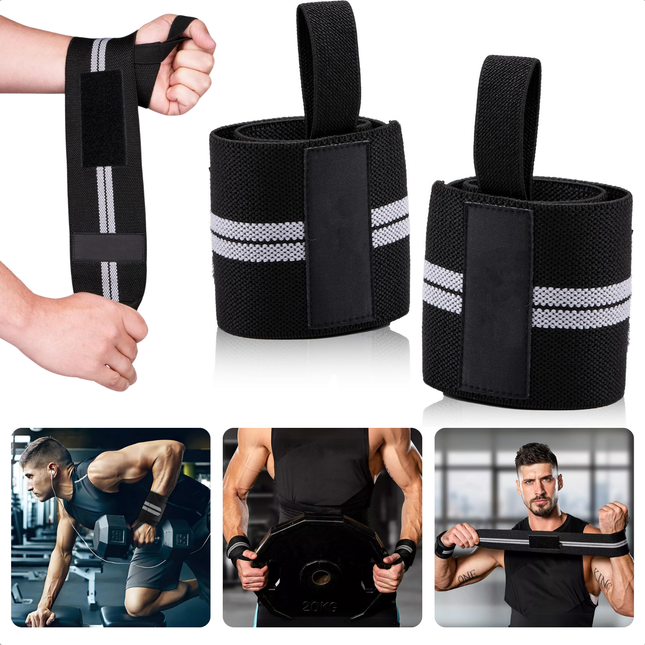 Cheqo® Polsbeschermers voor Krachttraining - Set van 2 CrossFit Polsband Polsbandage - Polsbrace - Verstelbare Wrist Wraps - Zwart met Grijs