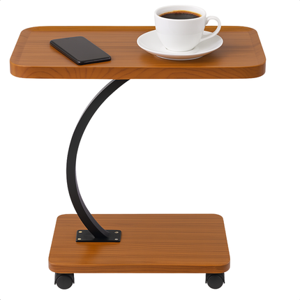 Cheqo® Bijzettafel Op Wieltjes - Moderne Bijzettafel C Vorm - Zwart Frame - Vintage Bruin Blad - MDF En Metaal - Zwenkwielen - Zonder Wieltjes - Opstaande Rand - Bijzettafel Woonkamer - Bijzettafel Industrieel - Bijzettafel Bank