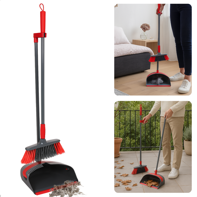 Cheqo® Stoffer en Blik met Lange Steel – Handveger en Vuilblik – Ergonomisch Ontwerp – Kunststof Materiaal – Binnen en Buiten – Zachte Grip Handvat – Klik Systeem Opberging