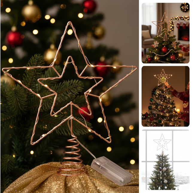 Cheqo® Verlichte Kerstboom Piek - Kerstboom Ster Piek - LED Kerstboom Topper - Gouden Kerstboompiek - LED Kerstster Piek - Kerstversiering Met Verlichting - 30 LED-Lichten - Op Batterij - Lichtgevende Piek voor Kerst - Warme Witte Verlichting
