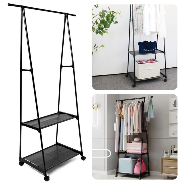 Cheqo® Kledingrek met 2 Planken - Zwart - 55-85 x 45 x 157 cm - 4 Zwenkwielen - Kunststof Verbindingsstukken - Polyester - Schoenenrek - Kledingkast - Klerenkast - Garderobekast - Staand - Kledingrek op Wieltjes - Kledingrek met Schoenenrek Kledingrekken