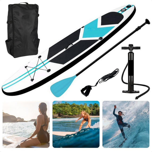 Cheqo® Opblaasbaar SUP Board - Peddelsurfen - Complete Set - Blauw - 305cm - 100kg draagvermogen - SUP Set - Voor Camping - Surfen - Anti-Slip - Sterk en Veilig SUP Board