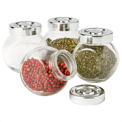 Cheqo® Glazen Voorraadpotten - Voorraadpotten Met Deksel - Kruidenpotjes Glas - Opbergpotten Keuken - Glazen Pot Met Schroefdeksel - Glazen Pot Voor Kruiden - Glazen Pot Voor Thee - Ronde Glazen Pot - Set Van 4 Potten - 200 ml Glazen Pot