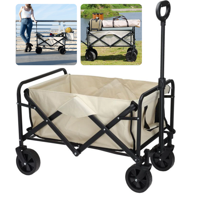 Cheqo® Bolderkar - Strandkar met Wielen - Bolderwagen - Opvouwbare Outdoor Transportkar voor Stranduitjes - Handige Strandwagen met Handvat - 73x51x92cm - Beige