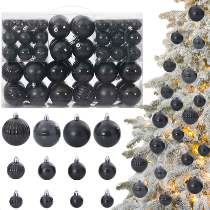 Cheqo® Zwarte Kerstballen Set - Duurzaam Kunststof - Verschillende Maten - Lichtgewicht Decoratie