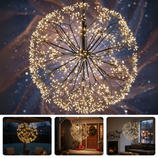 Cheqo® Kerstverlichting Bal - Warm Wit Licht - Micro LED-Lampjes - Spatwaterdicht - IP44 Stekker - Zwart Snoer - Tuinverlichting - Lichtgevende Kerstbal - 70 CM Diameter - Kerstlampjes Buiten - Lichtgevende Paardenbloem