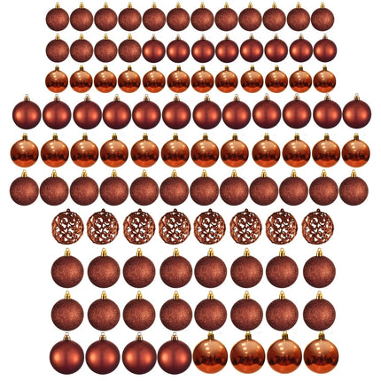 Cheqo® Luxe Kerstballen Set - Kerstballenset - Kerstdecoratie - Kerstboom Versieren - Kerstversiering - Onbreekbaar - Met Ophangoogje - Kerstversiering Kerstboom - Mat - Glans - Glitter - 100 Stuks - Koper - Bruin - Verschillende Texturen Kerstballen