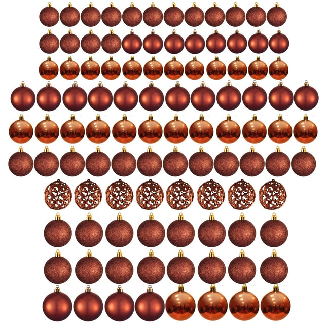 Cheqo® Luxe Kerstballen Set - Kerstballenset - Kerstdecoratie - Kerstboom Versieren - Kerstversiering - Onbreekbaar - Met Ophangoogje - Kerstversiering Kerstboom - Mat - Glans - Glitter - 100 Stuks - Koper - Bruin - Verschillende Texturen Kerstballen