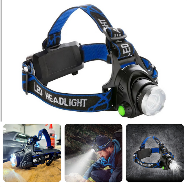 Cheqo® Industriële LED Hoofdlamp - USB Oplaadbaar - Optimaal Helder Licht - Zoomfunctie - Zwarte Behuizing - 3 Lichtinstellingen - 172 Lumens - Comfortabel Draagbaar - 5W - Elastische Hoofdband - Werklamp - Bouwlamp Hoofdlampen