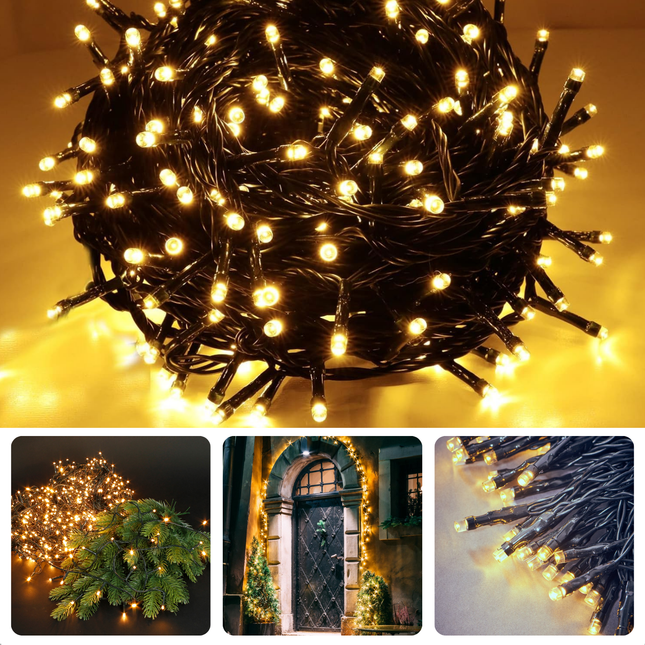 Warm white Cheqo® LED Christmas lights on green wire for indoor and outdoor decoration, showcasing festive ambience.