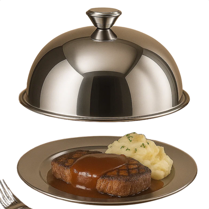 Cheqo® RVS Stolp - Serveerschaal Met Deksel - 30 cm Diameter - Voedsel Presenteren - Taartstolp - Kaas En Gebak - Snacks Serveren - Glanzend Roestvrij Staal - Stolp Met Onderbord - Ronde Serveerschaal