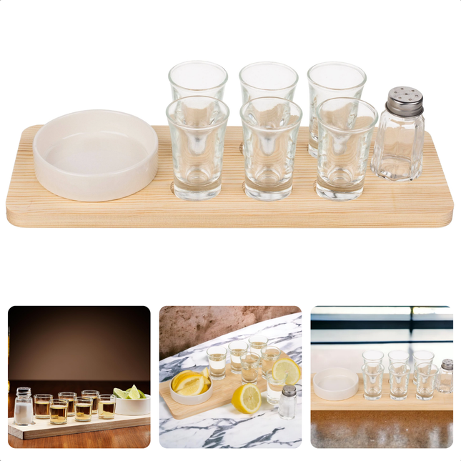 Cheqo® Tequila Serveerset Hout - Tequila Glazen - Shotglazen Set - Inclusief Shotglaasjes en Zoutpotje - 32x12 cm