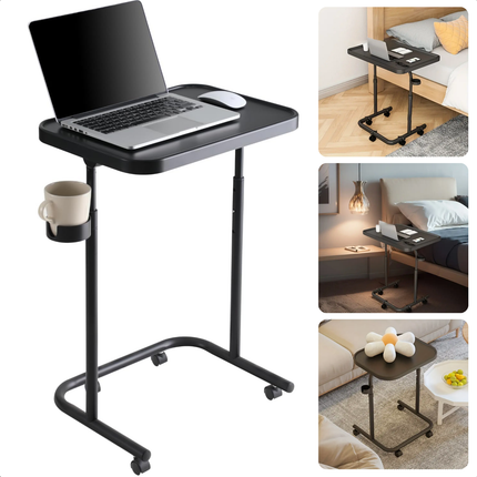Cheqo® Verstelbare Bijzettafel Op Wieltjes - Banktafel - Koffietafel - Sidetable - Laptoptafel - Laptop Tafel - Bijzet Tafel - Zwart MDF - Kantelbaar