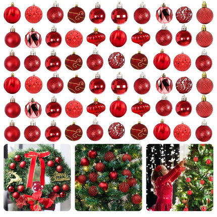 Cheqo® Kerstballen Set 60 Stuks - Rood - Kunststof - Onbreekbaar - Kerstboomversiering - Kerstversiering - Verschillende Formaten & Designs - Kerstboom - Kerstballenset - Kerstdecoratie - Christmas - Met Ophangoog - Mat - Glanzend - Glitters Kerstballen