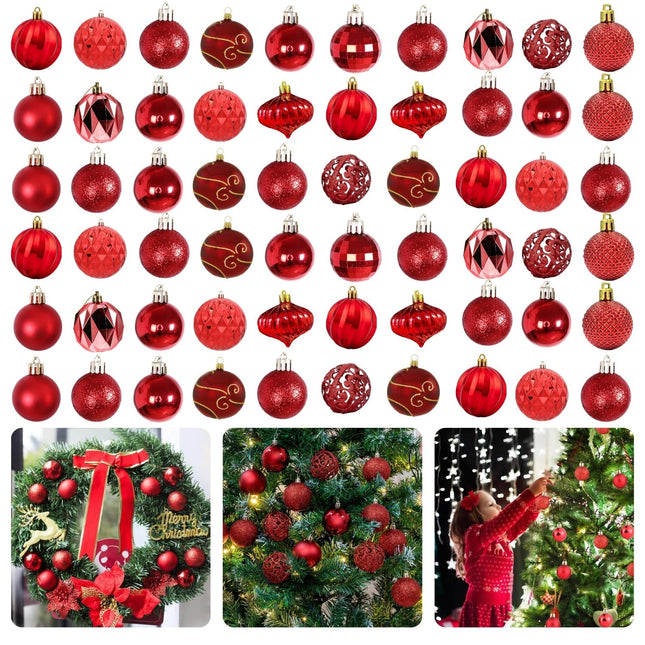 Cheqo® Kerstballen Set 60 Stuks - Rood - Kunststof - Onbreekbaar - Kerstboomversiering - Kerstversiering - Verschillende Formaten & Designs - Kerstboom - Kerstballenset - Kerstdecoratie - Christmas - Met Ophangoog - Mat - Glanzend - Glitters Kerstballen