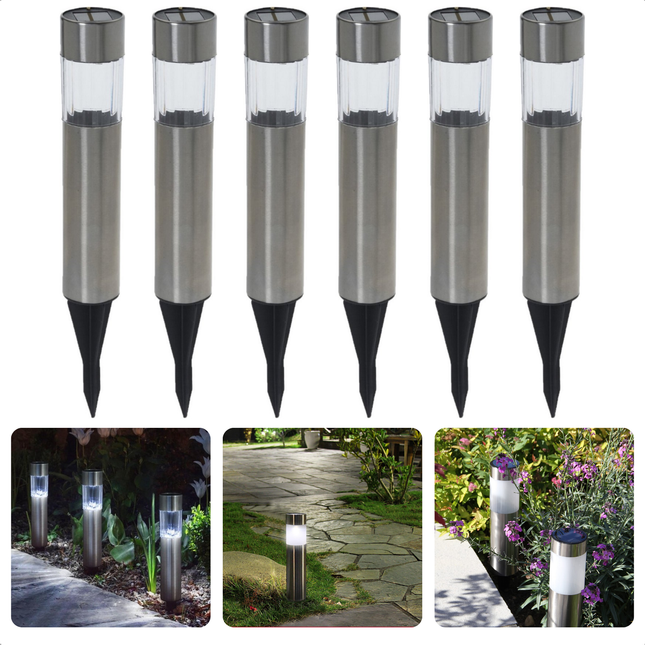 Cheqo® Solar tuinverlichting set van 6 RVS prikspots met warm witte LED, ideaal voor pad- en tuinverlichting, milieuvriendelijk ontwerp.