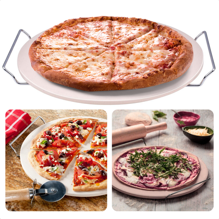 Cheqo® Pizzasteen voor BBQ & Oven - Keramiek 33 cm - Voor Barbecue en Oven - Pizzaplaat - Pizza Stone - Hittebestendig met Houder