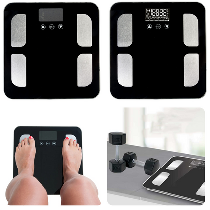 Cheqo® Smart Scale - Personenweegschaal - BMI, BMR, Vetpercentage, Watergehalte - 200kg Capaciteit - 8 Geheugenplaatsen - Automatische aan-/uitschakeling - 34.5x32.5x4cm - Lichaamsanalyse - Lange Levensduur Personenweegschaal