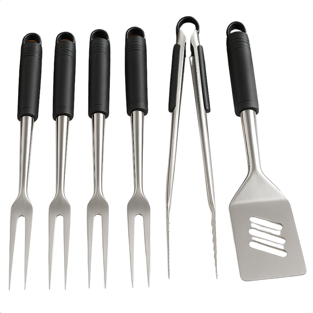 Cheqo® BBQ Gereedschapset - BBQ Tang - Barbecue Set - Spatel BBQ - Vleesvork - RVS - 6-Delig - Voor Barbecue & Grill