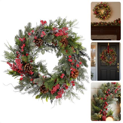 Cheqo® Kerstkrans Ø40 CM - Traditionele Kerstkleuren - Rode Besjes - Bruine Dennenappels - Licht Besneeuwd - Groene Dennennaaldjes - Kerstdecoratie Interieur - Eenvoudig Ophangen - Subtiele Witte Afwerking - Kerstversiering - Deurkrans