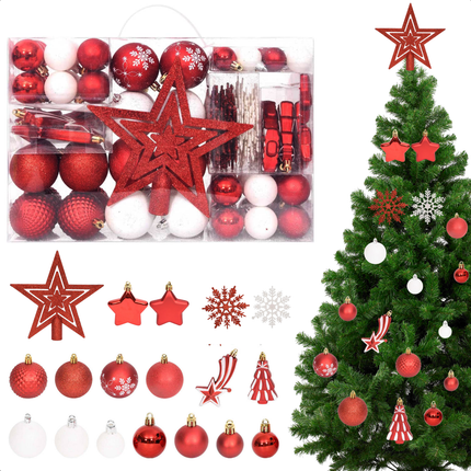 Cheqo® 108-delige Kerstballenset - Kerstballen Set - Onbreekbaar Kunststof - Rood en Wit - Lichtgewicht Decoratie