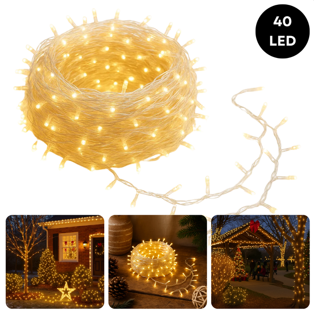 Cheqo® LED Verlichting - 40 LED Lampjes - Warm Wit - Lichtfuncties - Timer Functie - Kerstboomverlichting Transparant Snoer - Binnen En Buiten - IP44 Adapter - Kerstverlichting - Lichtslinger - Sfeerverlichting - Kerstlampjes