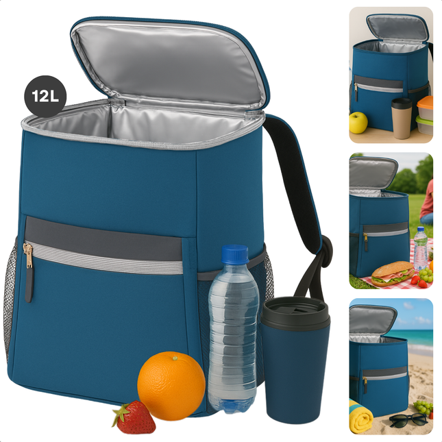 Cheqo® Koelrugtas 12L - Koelrugzak - Koeltas - Lunchtas - Picknicktas - Donkerblauw - Isolerende Rugzak voor Picknick - Compact en Waterdicht