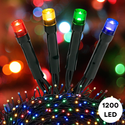 Cheqo® Micro Cluster Kerstverlichting - Kerstlampjes - Kerstboomverlichting - 1200 LED Lampjes - 24 Meter Lichtsnoer - Multicolor LED - Kerstverlichting Binnen en Buiten - 8 Lichtfuncties met Geheugen - Geschikt voor Kerstboom - Multicolor