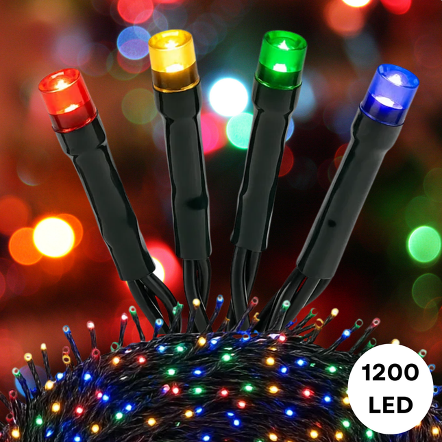Cheqo® Micro Cluster Kerstverlichting - Kerstlampjes - Kerstboomverlichting - 1200 LED Lampjes - 24 Meter Lichtsnoer - Multicolor LED - Kerstverlichting Binnen en Buiten - 8 Lichtfuncties met Geheugen - Geschikt voor Kerstboom - Multicolor