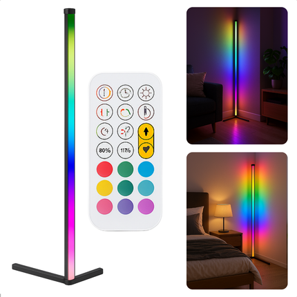 Cheqo® LED Hoeklamp RGB en Wit Licht – Staande Lamp met Muziek Sensor – Dimbaar Licht met Afstandsbediening – USB-C Oplader – 15W – 360 Lumen – Gaming Lamp – Sfeerverlichting Woonkamer – Slimme Verlichting – Disco Lamp – Thuis Bioscoop
