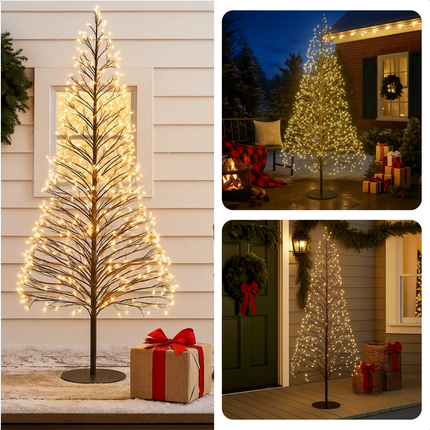 Cheqo® Outdoor Lichtboom - Kerstverlichting Buiten - Micro LED-Lampjes - Warm Wit Licht - IP44 Spatwaterdicht - Zwarte Metalen Frame - 210 CM Hoogte - Tuinverlichting Kerst - Kerstboom Vorm