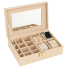 Cheqo® Juwelenbox Ribfluweel - Sieraden Opberger - Sieradendoos - Fluwelen Bekleding - Goudkleurig Slotje - Spiegel Aan De Binnenzijde - Beige Of Taupe - MDF Met Fluweel