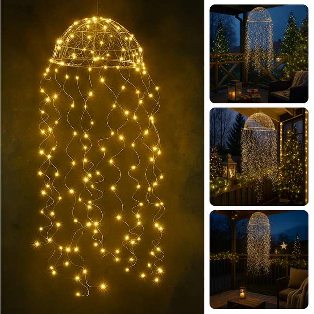 Cheqo® Kroonluchter Kwal - Kerstverlichting - Buitenlamp Terrass - Warm Witte LED Verlichting - 160 LED Lampjes - Spatwaterdicht - Voor Buitengebruik - Opvallende Blikvanger - Kerstdecoratie - Zilveren Design