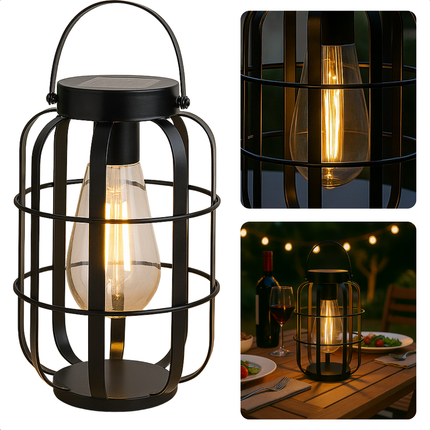 Cheqo® Solar Tafellamp Buiten – Draagbare Lantaarn op Zonne-energie – LED Warm Wit Licht – IP44 Spatwaterdicht – Tuinverlichting – Terras & Balkon Verlichting – Metalen Behuizing – Zonder Bedrading – Oplaadbare Batterij