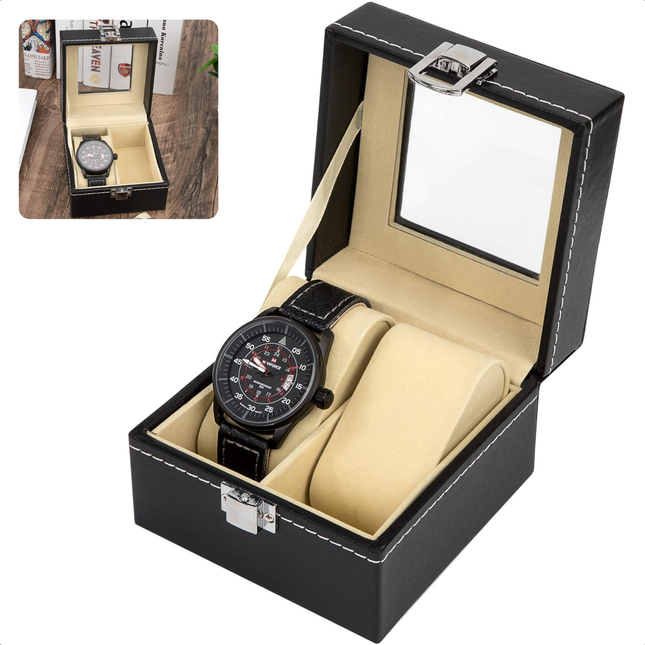 Cheqo® Horlogebox - Horlogedoos - Sieradendoos - Zwart - Luxe PU Kunstleer - Voor 2 Horloges - Met Venster