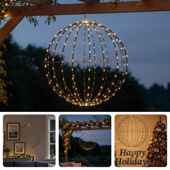 Cheqo® Lichtbol Kerstverlichting - Kerstbal LED - Extra Warm Wit - Met Timer - 50 cm Diameter - Binnen En Buiten - IP44 - Zwart Metaal - Kerstfiguur - Kerstdecoratie - Kerstlampjes - LED Bal - Lichtgevende Kerstbal