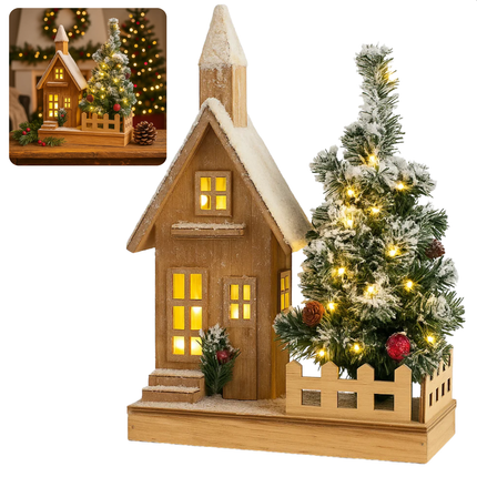 Cheqo® Verlicht Kersthuisje - Kersthuis met LED Verlichting - Warm Wit - Werkt Op Batterijen - Houten Kersthuis - Kerstdecoratie - Kersthuisjes En Kerstdorpen - Aanloopsnoer - Kerstornament Kerstdorp - Sfeerverlichting - Winterdecoratie
