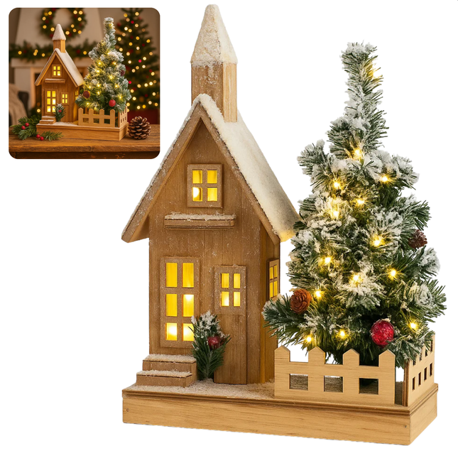 Cheqo® Verlicht Kersthuisje - Kersthuis met LED Verlichting - Warm Wit - Werkt Op Batterijen - Houten Kersthuis - Kerstdecoratie - Kersthuisjes En Kerstdorpen - Aanloopsnoer - Kerstornament Kerstdorp - Sfeerverlichting - Winterdecoratie