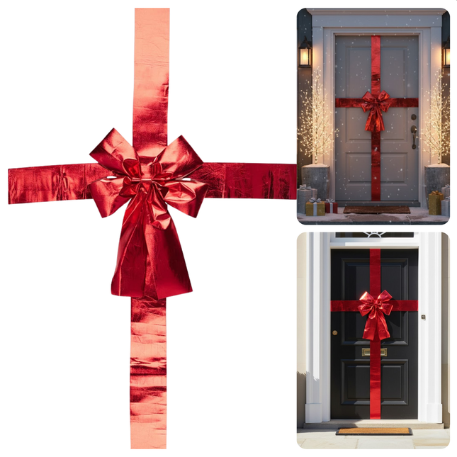 Cheqo® Rode Deurstrik - Kerstdecoratie -Glanzende Strik - Klittenband Bevestiging - Rode Kerststrik - Feestelijke Decoratie - Deurversiering - Grote Strik - Rode Glans - Decoratieve Strik - Deurkrans Alternatief - Deurstrik - Kerst Strik