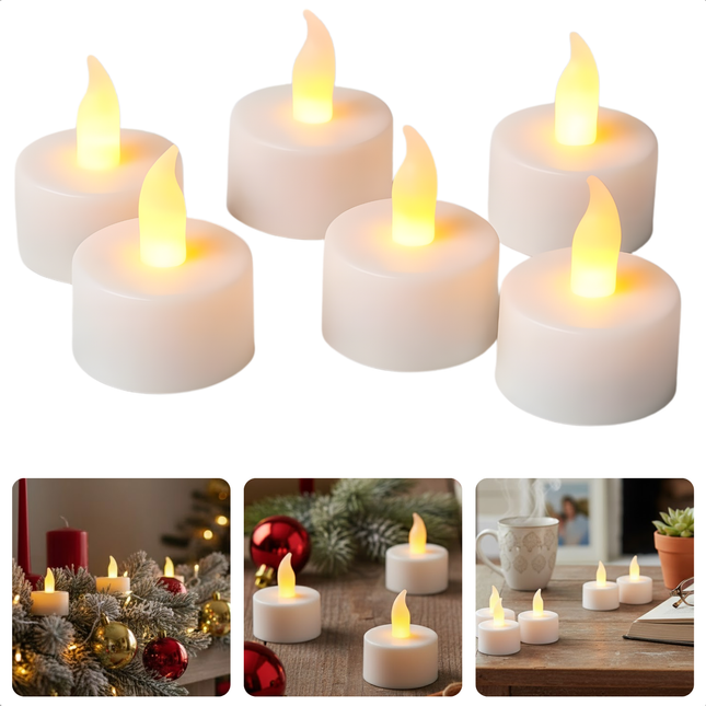 Cheqo® LED Theelichten Elektrisch - Flikkerend Warmwit Licht - Witte LED Kaarsen - Theelicht Set - Elektrische Waxinelichtjes - Decoratief Licht - Vervangbare Batterijen - Set Van 6 Waxine Lichtjes - Kaarsjes Elektrisch