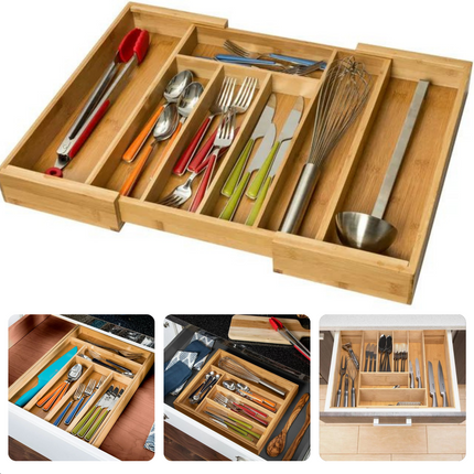Cheqo® Verstelbare Besteklade - Flexibele Bestekorganizer -  Uitschuifbare Bestekbak - 34-56 cm - Vakindeling - Duurzaam Bamboe  - Besteklade - 5 tot 7 Vakken - Bestekcassette Bestekbakken