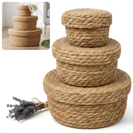 Cheqo® Opbergmand Met Deksel - Mand Met Deksel - Ronde Opbergmand Met Deksel - Opbergmand Set - Set Opbergmanden Met Deksel - Manden Set Met Deksel - Opbergmandjes Met Deksel - Mandjes Met Deksel - Bruine Opbergmand Met Deksel