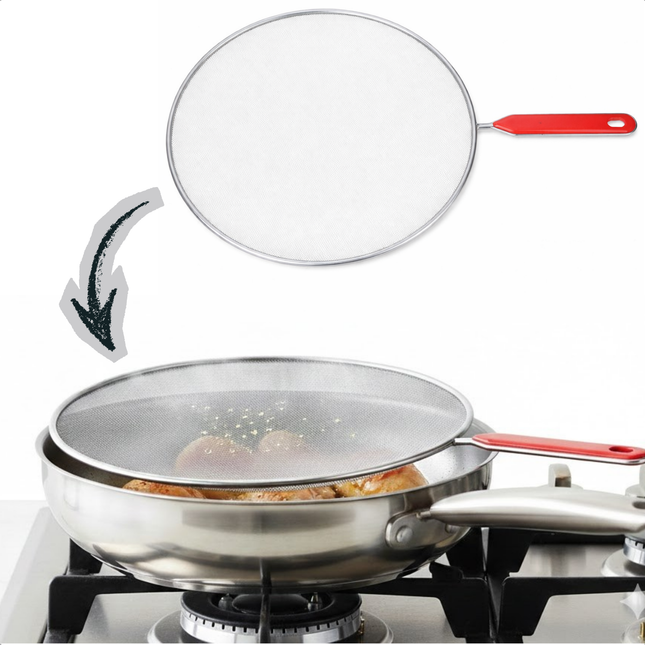 Cheqo® Anti Spatdeksel - Spatscherm Pan - Spatscherm - Spatdeksel - Deksel Tegen Spatten - Spetterdeksel - Kookspatdeksel - Anti Spetter Deksel - Anti Spat Deksel - Rood Anti Spatdeksel - Rood Spatdeksel
