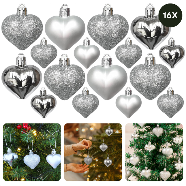 Cheqo® Hartvormige Kerstballen - Onbreekbaar - 16 Stuks - Zilver - Glans, Mat & Glitter