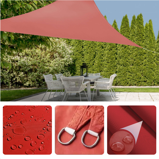 Cheqo® Schaduwdoek Driehoek - Terra Rood - Waterafstotend Polyester 100% - Compleet met Touw - Verpakt in Afsluitbare Draagzak - 360x360x360cm