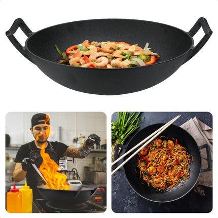 Cheqo® - Gietijzeren Wokpan - Ø36 cm - Zware Kwaliteit - BBQ en Open Vuur - Duurzaam Koken - Robuuste Handvatten - 4.3 kg - Lange Levensduur - Anti-Aanbaklaag Wokpannen